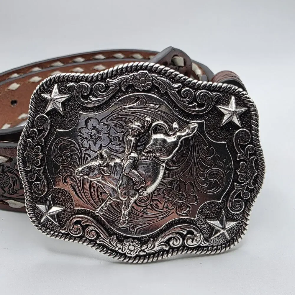 Vintage Nocona Western Tooled Leather Belt Rodeo Cowboy Buckle Brown